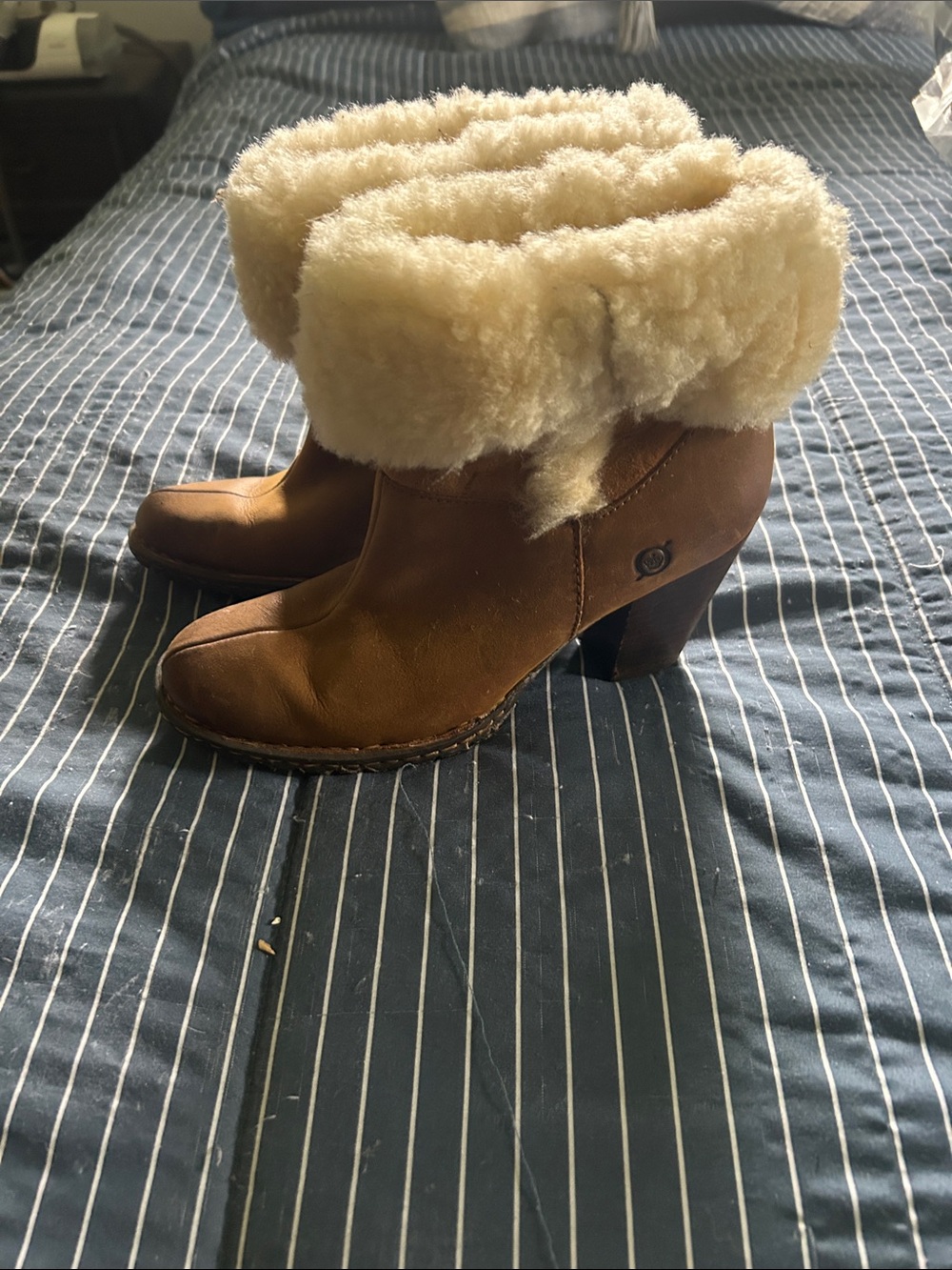 Women's Brown Shearling Cuff Leather Ankle Boots